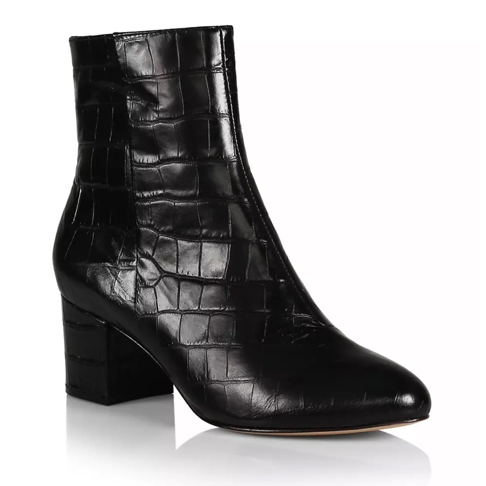 Shutz Croc-embossed black leather booties with a chunky block heel.